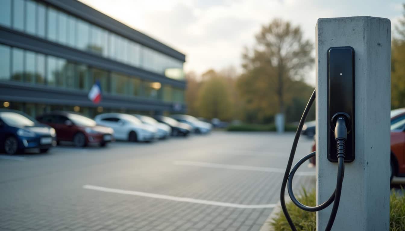 Borne de recharge installée sur un parking d'entreprise à Aubigny-sur-Nère