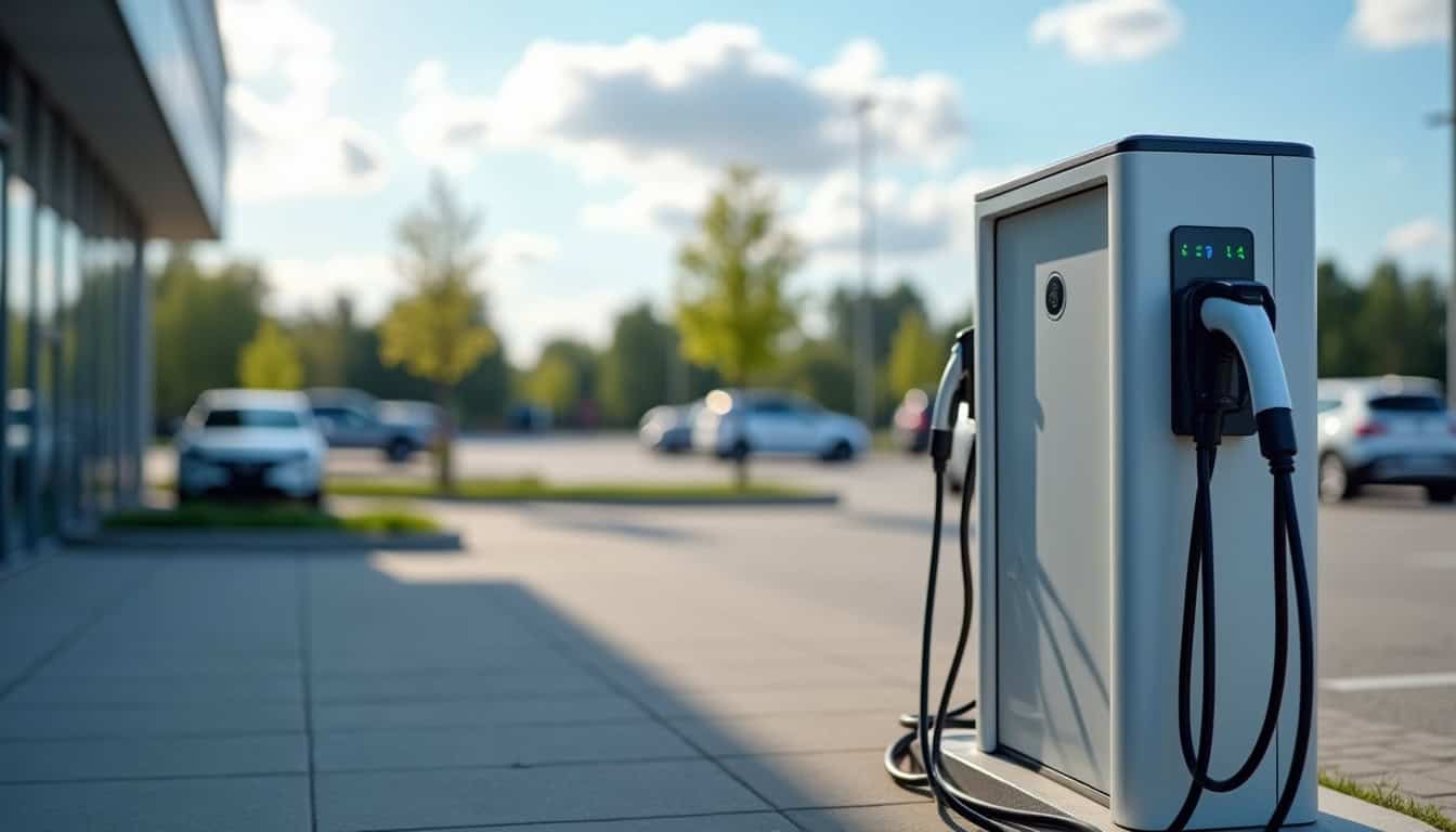 Borne de recharge installée sur un parking d'entreprise à Soudan, équipée de système de supervision et contrôle d'accès