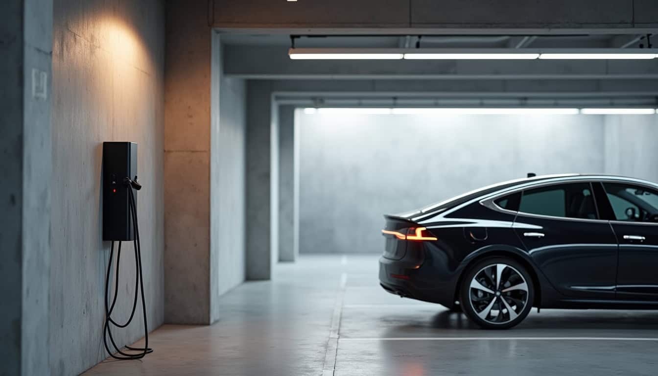 Borne de recharge installée sur une place de parking privative en immeuble