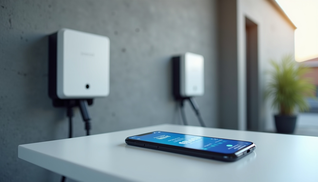 Borne de recharge intelligente de marque Wallbox installée dans un garage à Captieux, avec application mobile affichée sur smartphone