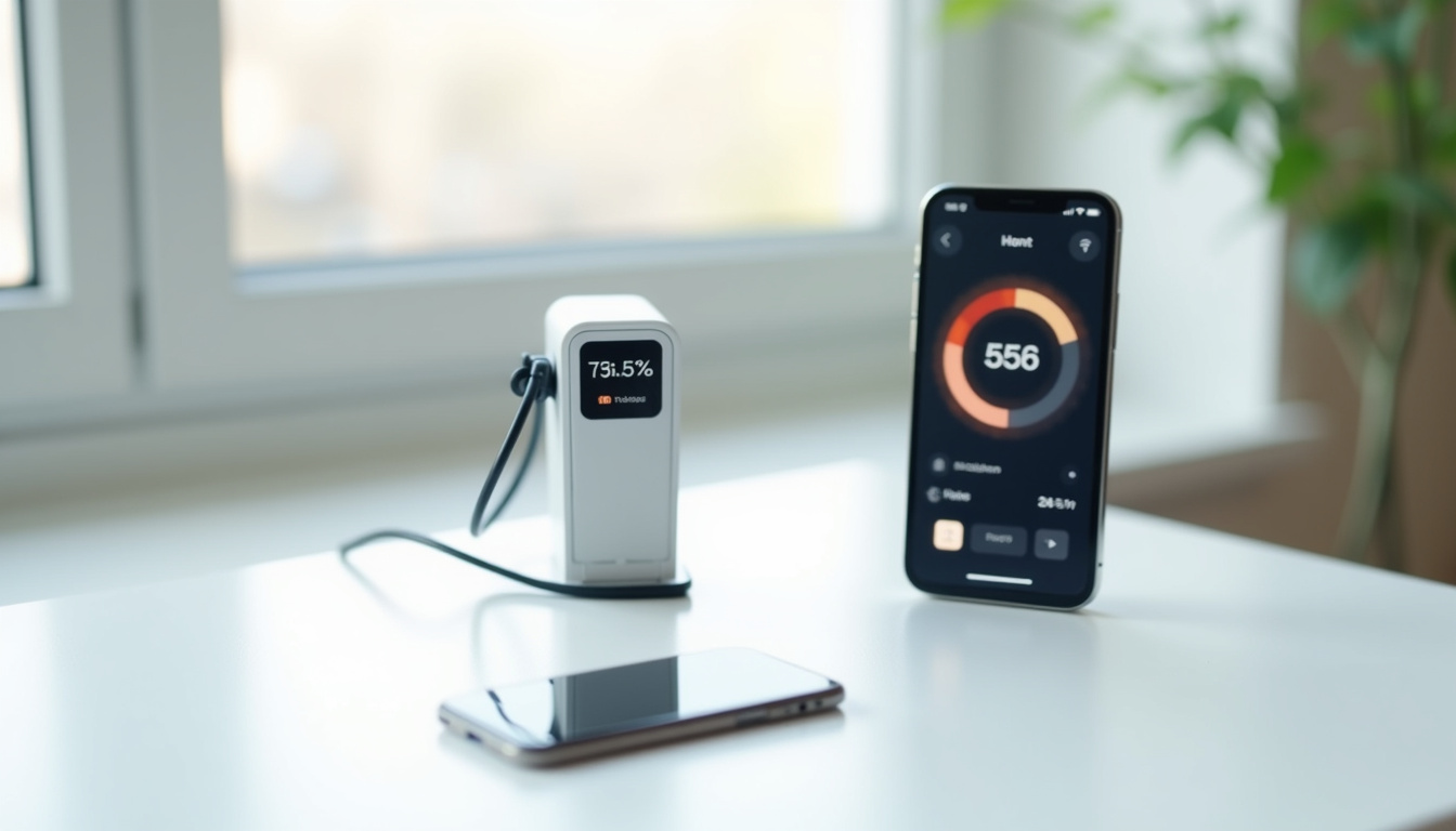 Borne de recharge intelligente équipée d'un écran digital, connectée à une application mobile affichant la consommation en temps réel