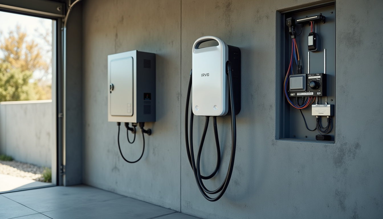 Borne de recharge IRVE installée dans un garage à Biesles, avec tableau électrique et câblage conforme