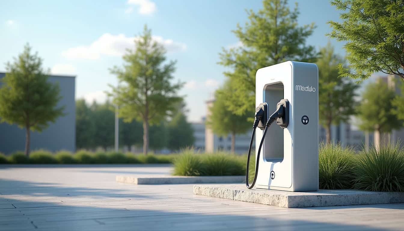 Borne de recharge Modulo sur la Place Verte à Douzy, équipée de deux prises de type 2