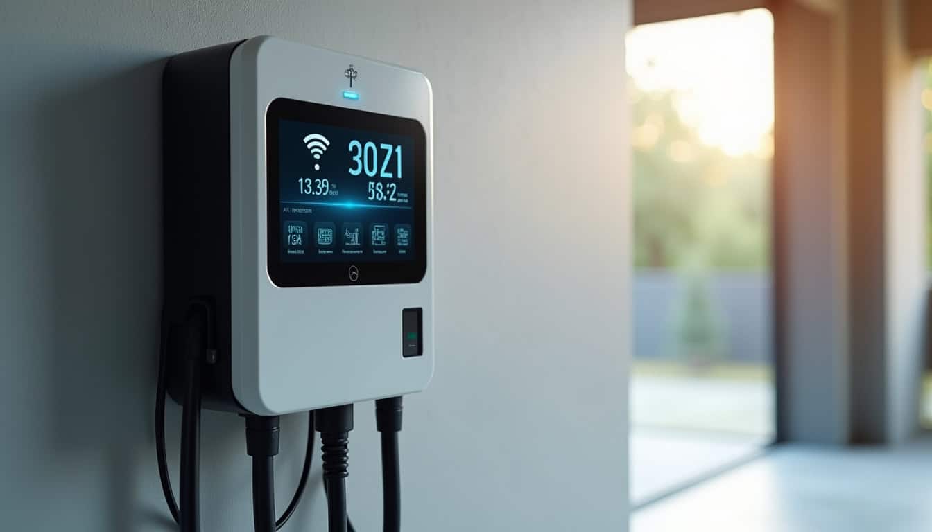 Borne de recharge murale connectée affichant des données de consommation sur un écran numérique