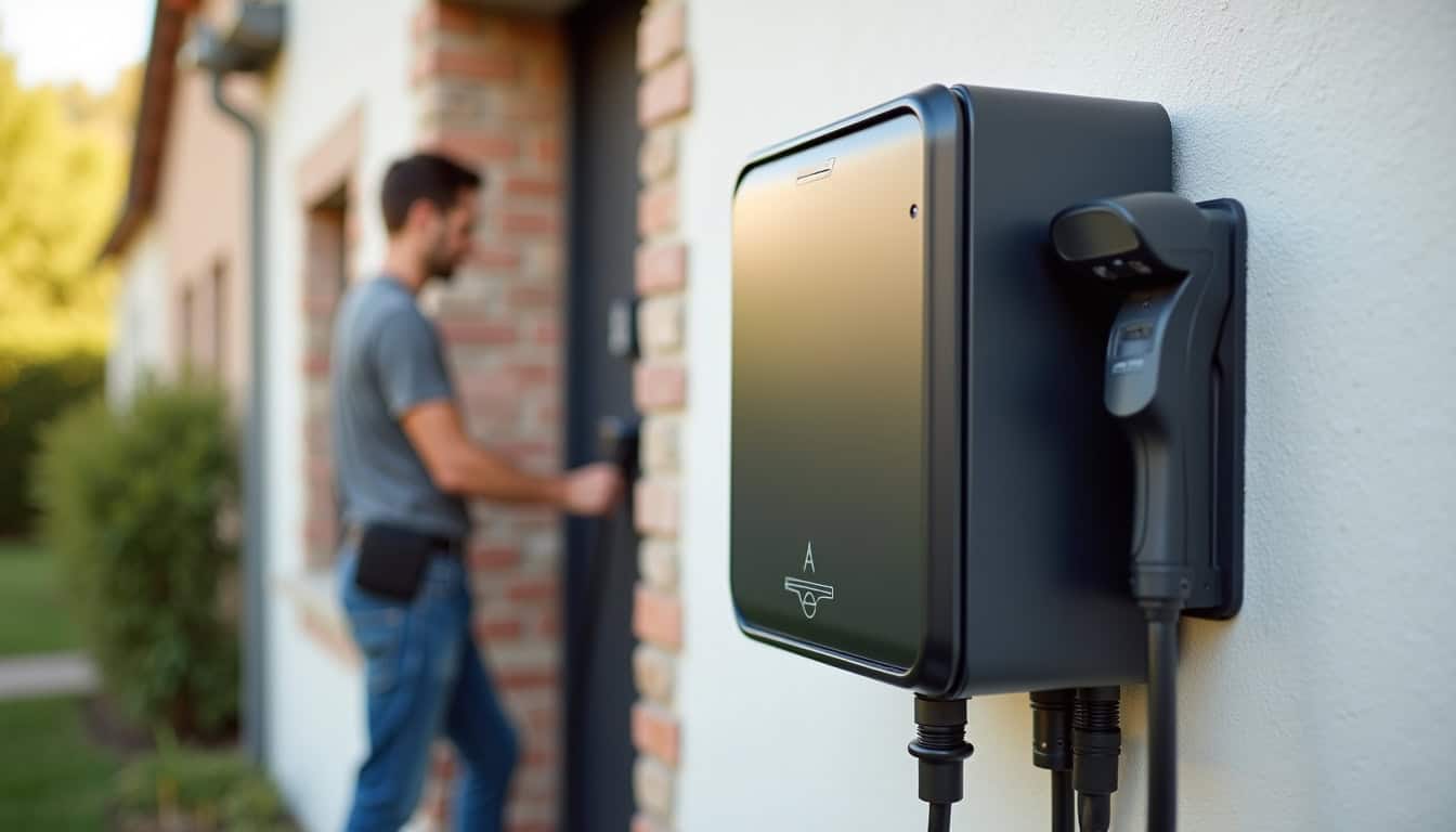 Borne de recharge murale connectée en cours d'installation sur un mur extérieur à Ballots