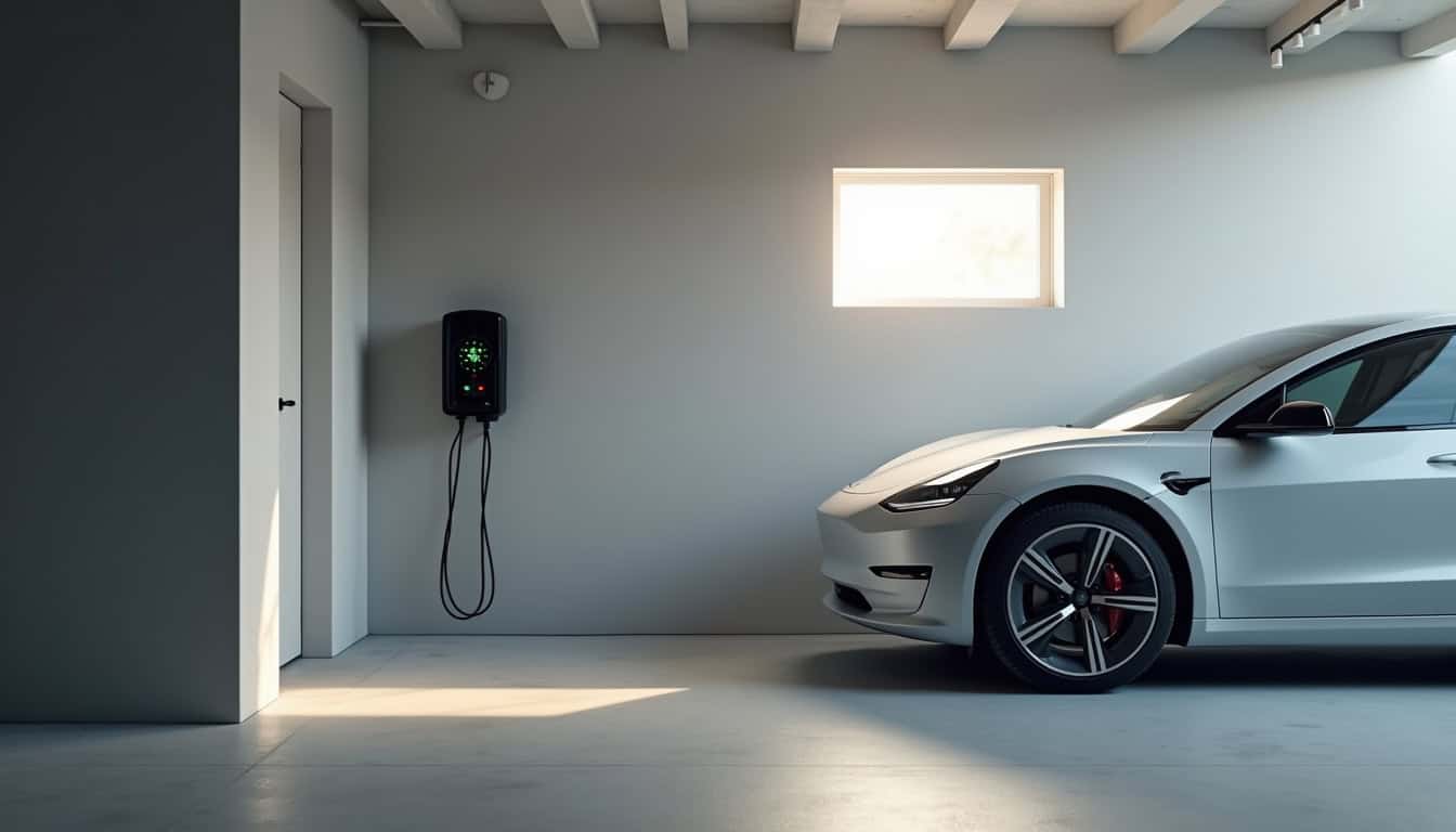Borne de recharge murale installée à côté d'une voiture électrique dans un garage privé