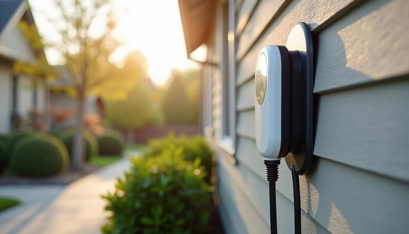 Borne de recharge murale installée à Lentilly, fixée au mur d'une maison individuelle