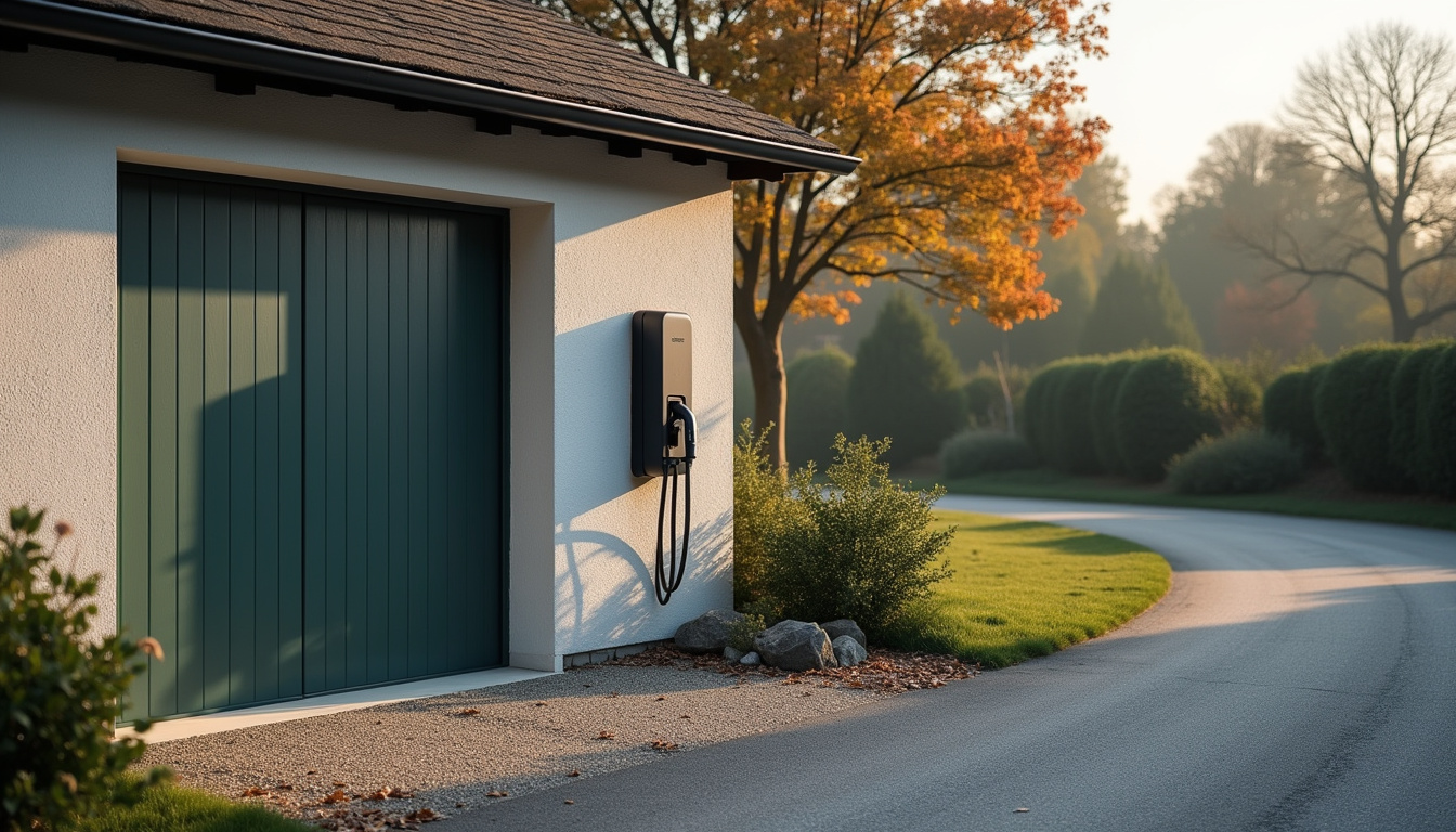 Borne de recharge murale installée à l’extérieur d’un garage à Rougemont-le-Château