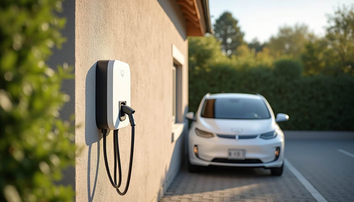 Borne de recharge murale installée à l'extérieur d'une maison à Aytré, près d'une place de stationnement