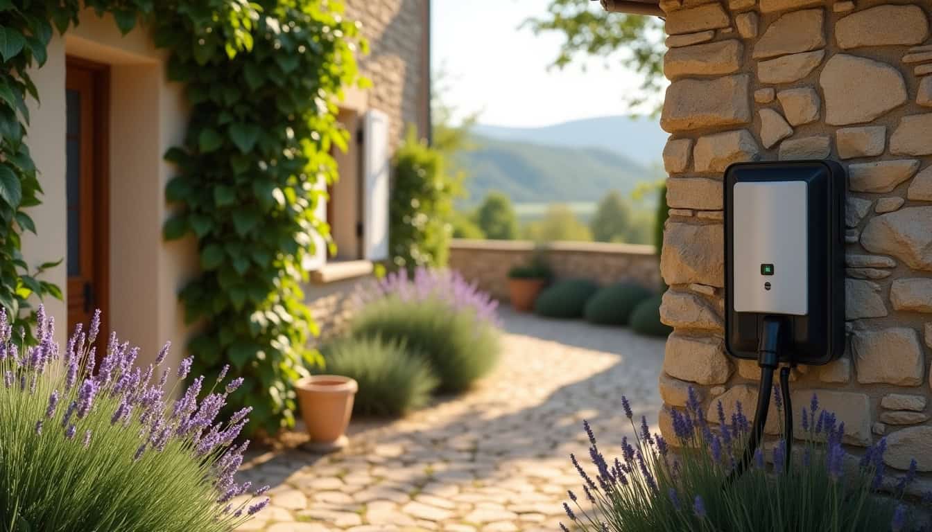 Borne de recharge murale installée à l’extérieur d’une maison à Beaumontois en Périgord