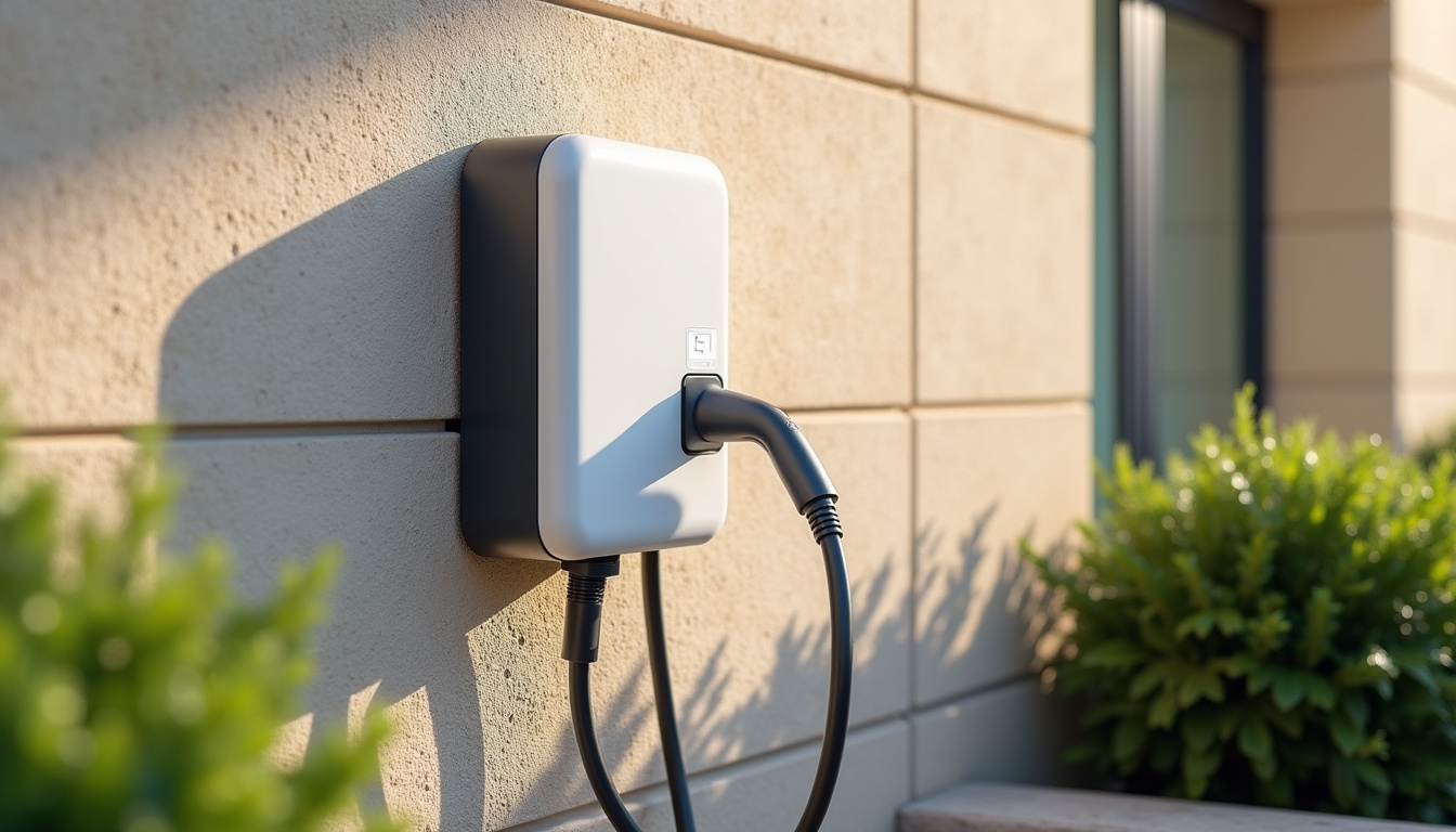 Borne de recharge murale installée à l'extérieur d'une maison à Boué, en journée, avec câble de connexion visible
