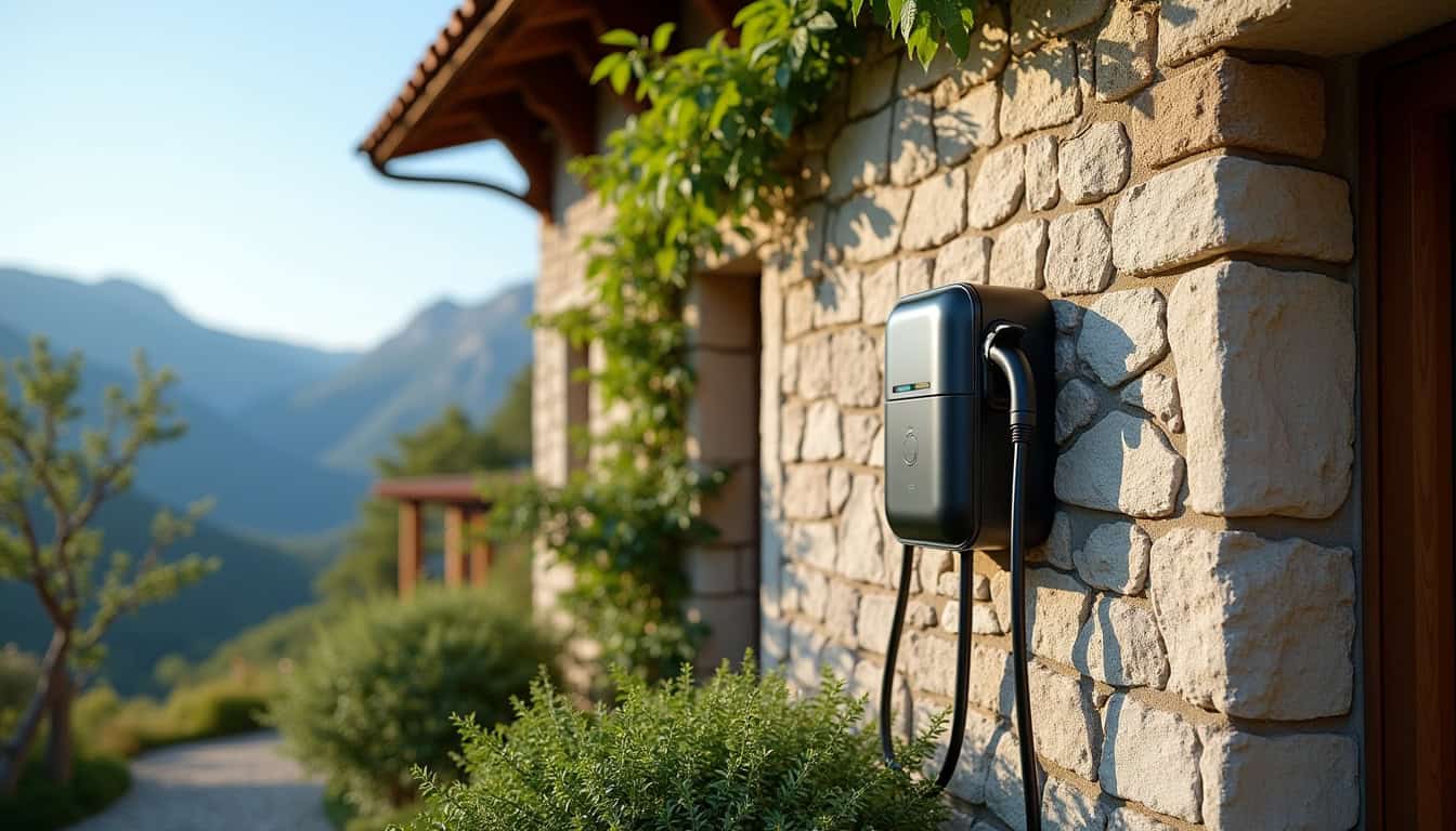 Borne de recharge murale installée à l'extérieur d'une maison à Buellas