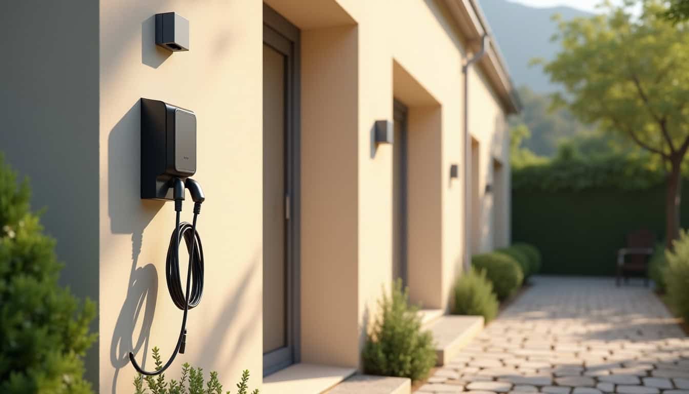 Borne de recharge murale installée à l'extérieur d'une maison à Laroque-Timbaut