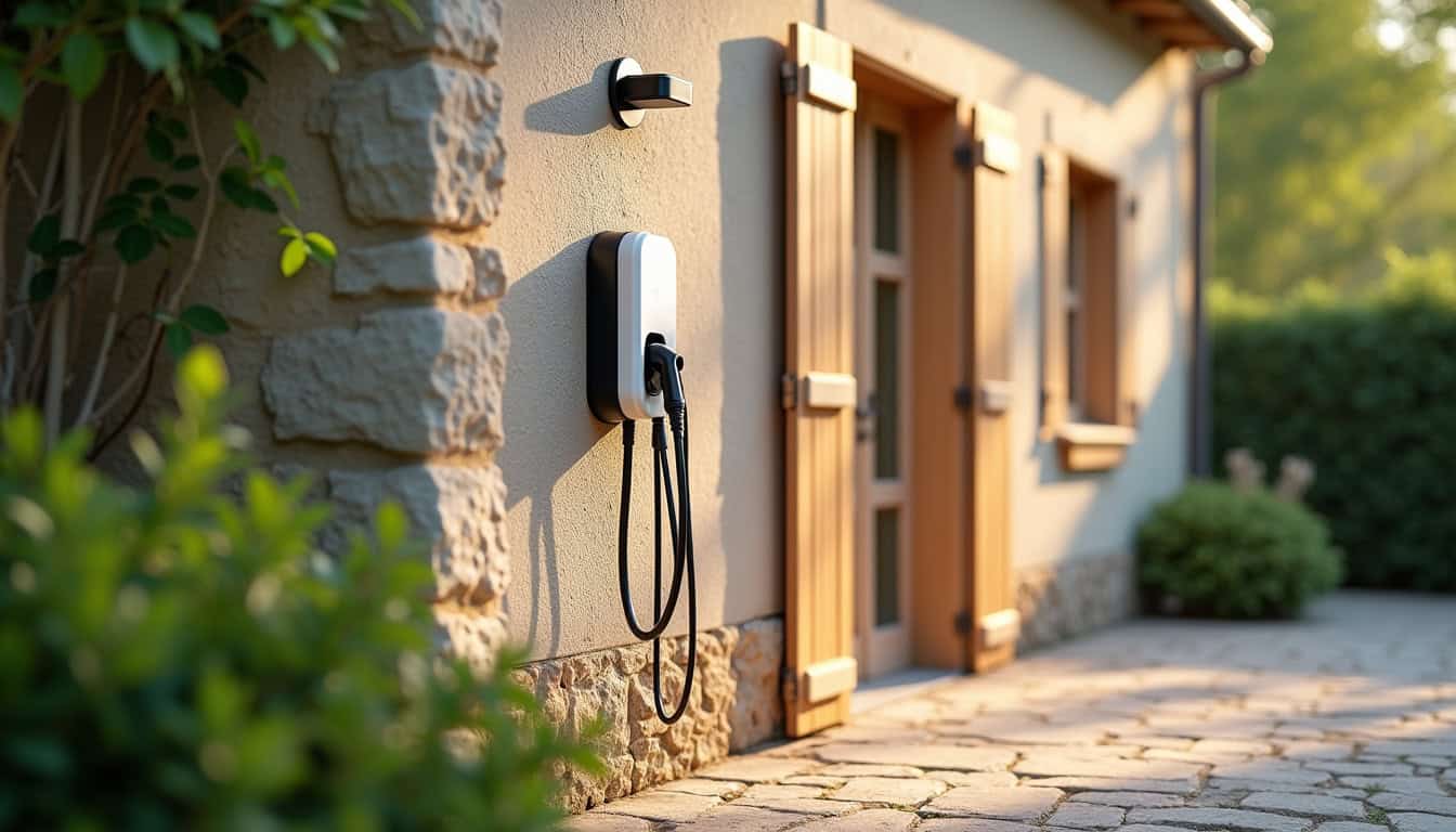 Borne de recharge murale installée à l'extérieur d'une maison à Rochetoirin