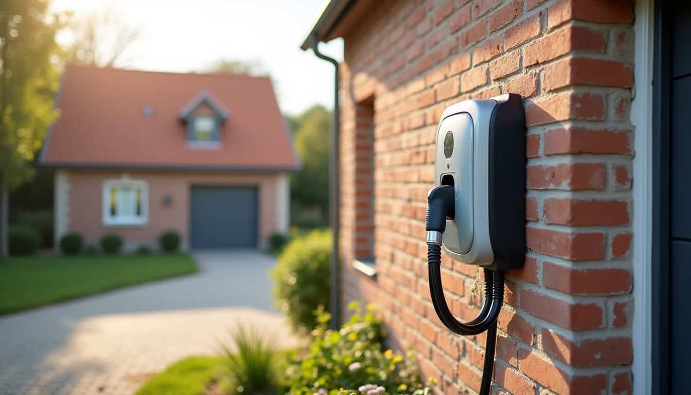 Borne de recharge murale installée à l'extérieur d'une maison à Saint-Amand-Longpré