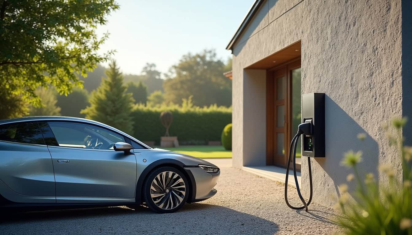 Borne de recharge murale installée à l'extérieur d'une maison en journée, avec une voiture électrique en cours de charge