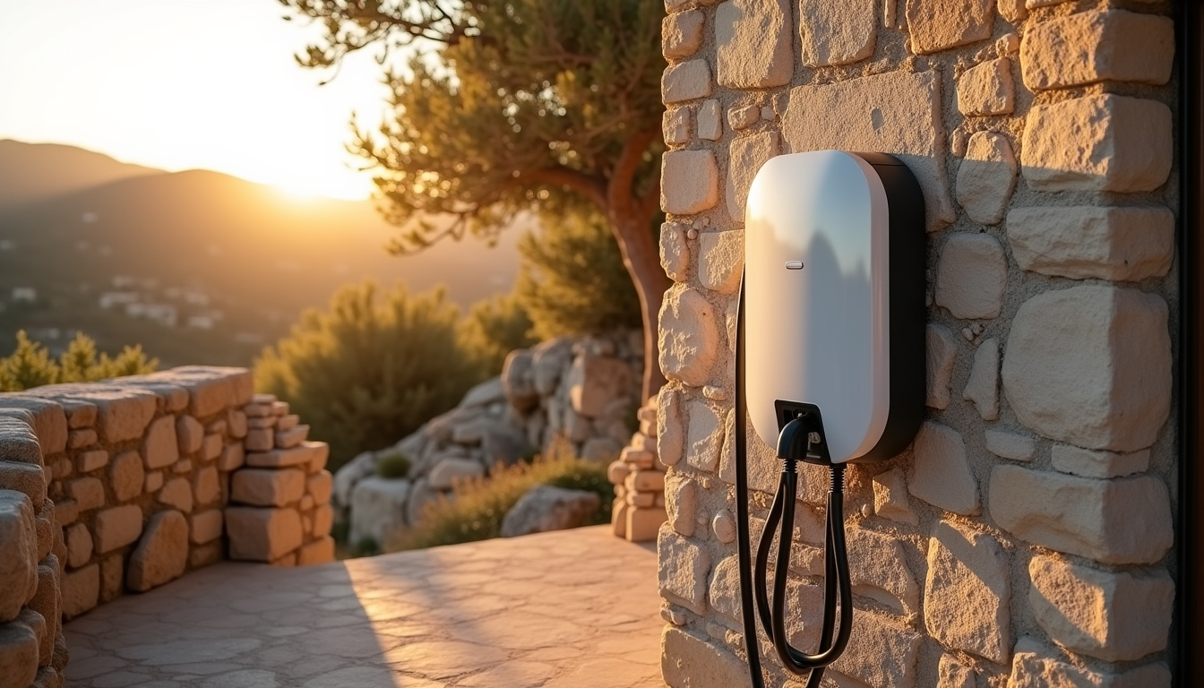 Borne de recharge murale installée à l'extérieur d'une maison en milieu rural