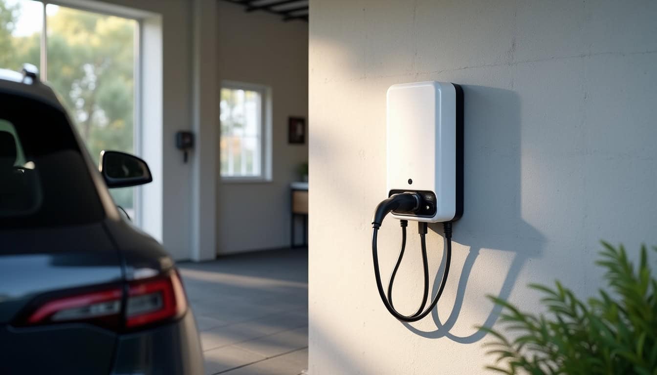 Borne de recharge murale installée dans un garage à Crécy-en-Ponthieu