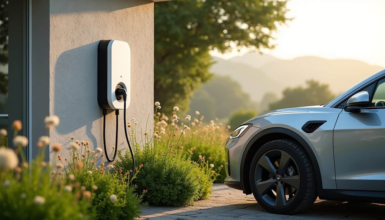 Borne de recharge murale installée dans un jardin à Fréhel, connectée à un véhicule électrique