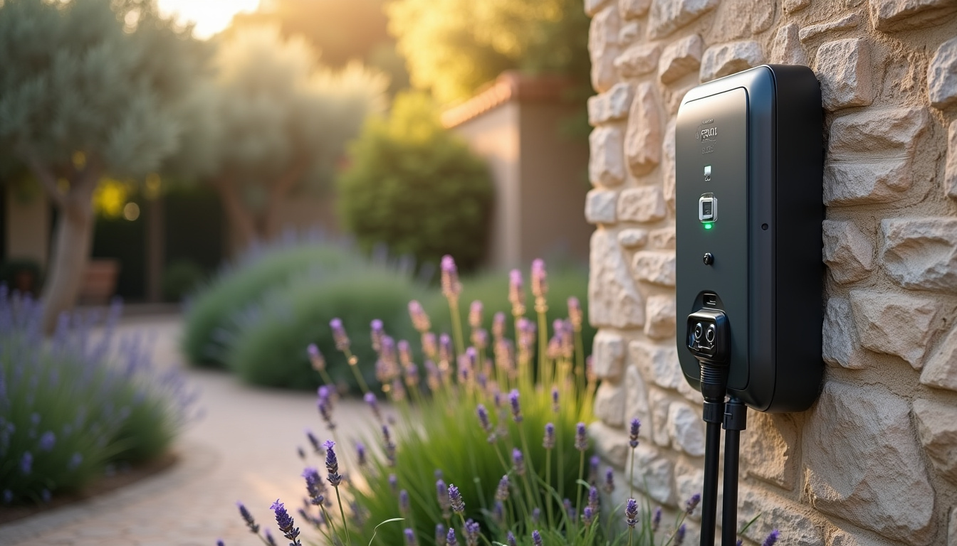 Borne de recharge murale installée dans un jardin à Lunel