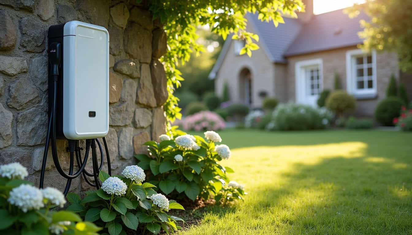 Borne de recharge murale installée dans un jardin résidentiel à Le Relecq-Kerhuon