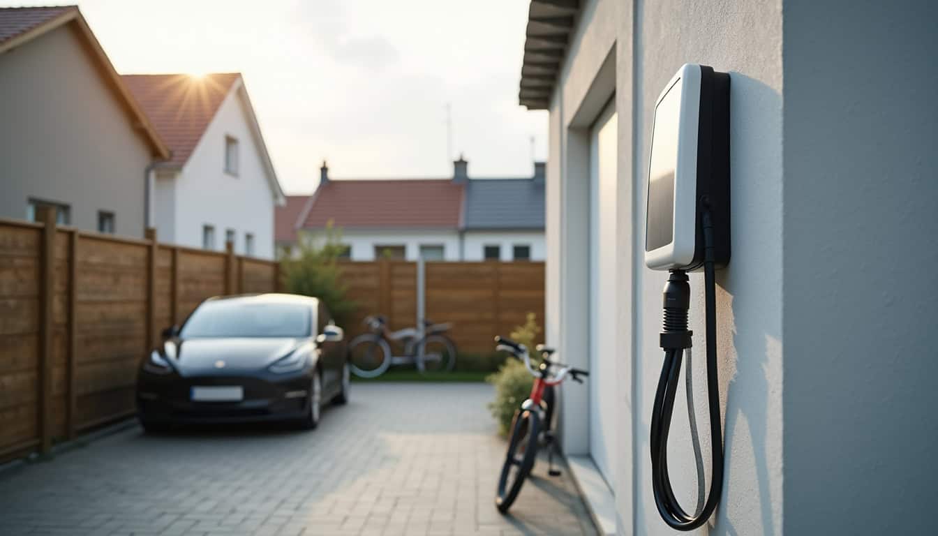 Borne de recharge murale installée devant une maison à Cranves-Sales, en milieu urbain résidentiel