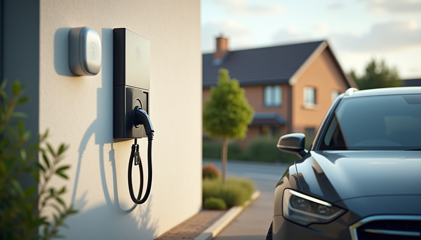 Borne de recharge murale installée sur le mur d'une maison, reliée à un compteur électrique et à un véhicule en cours de charge