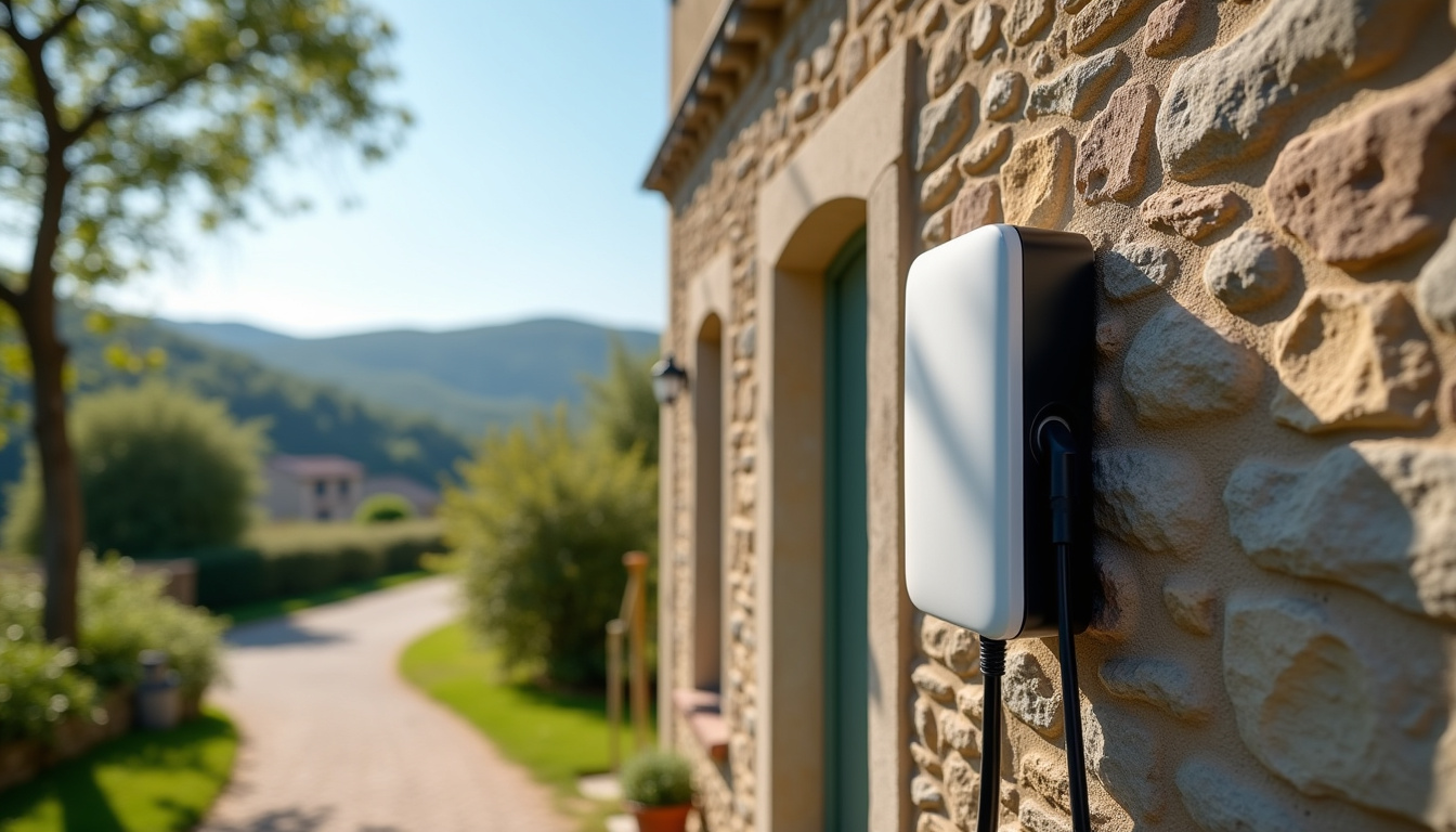 Borne de recharge murale installée sur un mur extérieur d'une maison à Saint-Mamet-la-Salvetat