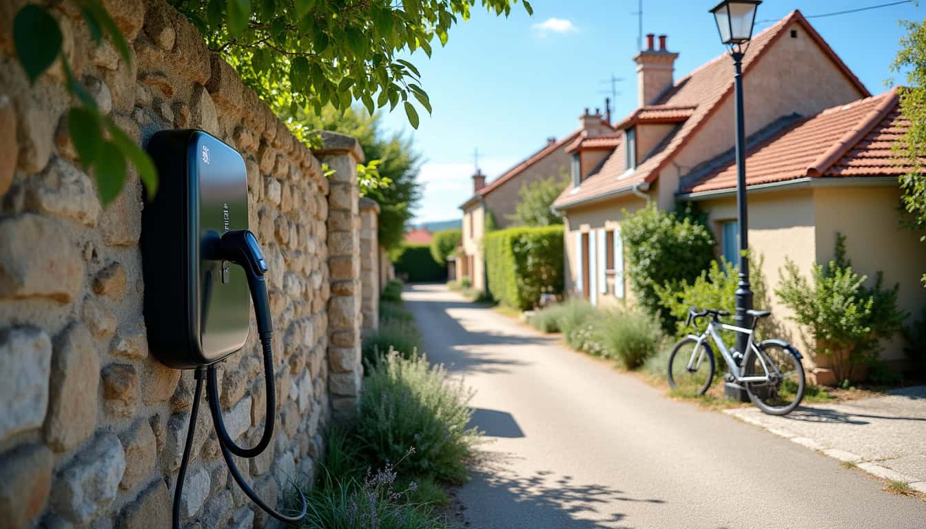 Borne de recharge pour véhicule électrique installée à l'extérieur dans un quartier résidentiel de Saint Antoine l’Abbaye
