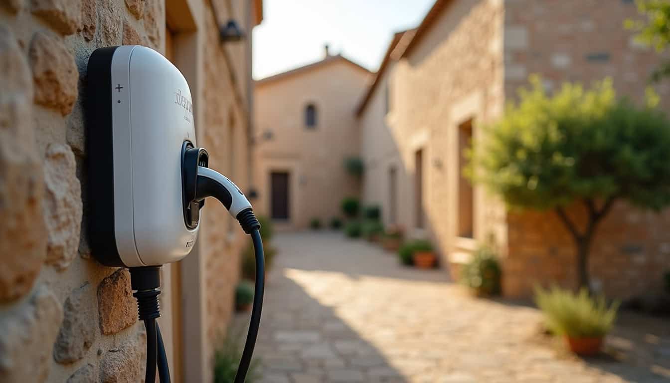 Borne de recharge pour véhicule électrique installée dans une rue de Montredon-des-Corbières