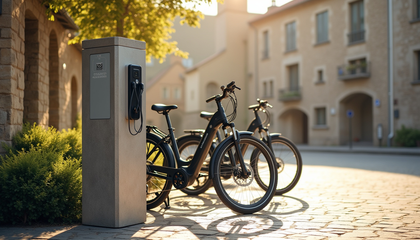 Borne de recharge pour vélos électriques et VTTAE située sur la Place du Champ de Mars à Jaujac
