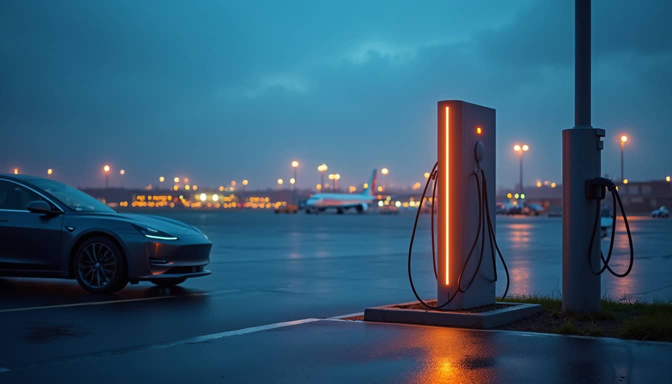 Borne de recharge pour voiture électrique dans un parking de l'aéroport d'Orly