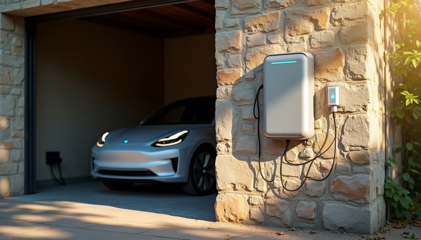 Borne de recharge pour voiture électrique installée dans un garage en Allier