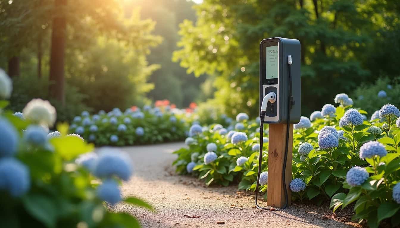 Borne de recharge pour voiture électrique installée dans un jardin à Saint-Parres-lès-Vaudes
