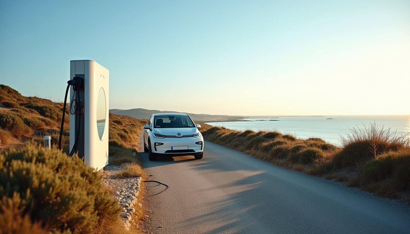Borne de recharge pour voiture électrique située en bord de route côtière à Plouescat