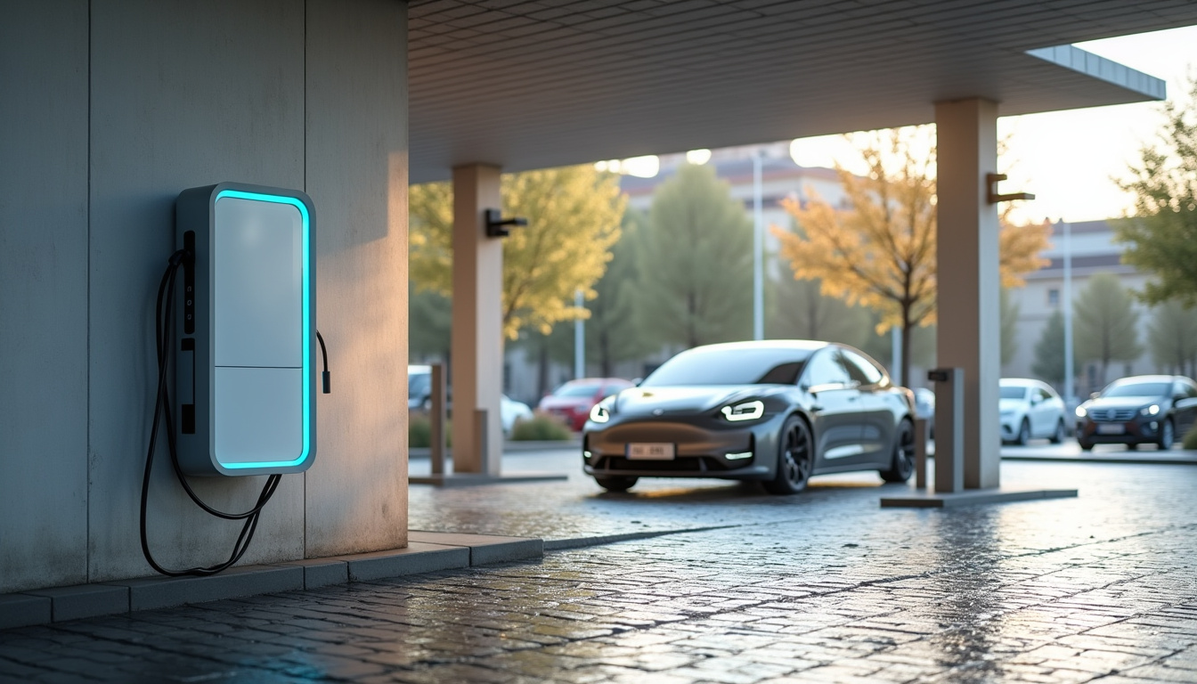 Borne de recharge publique à Charlieu, Place de la Bouverie, dans un parking urbain