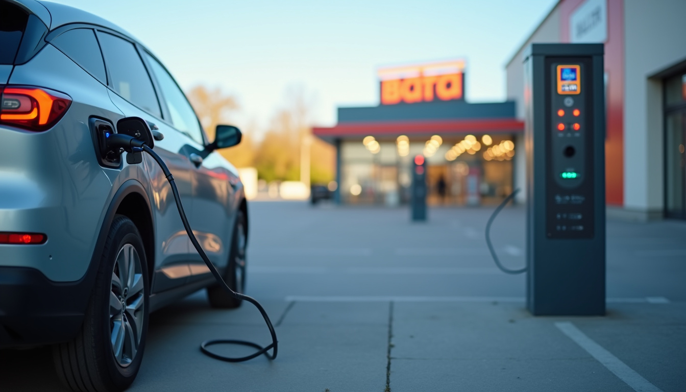 Borne de recharge publique ALDI à Montady avec voiture en cours de charge
