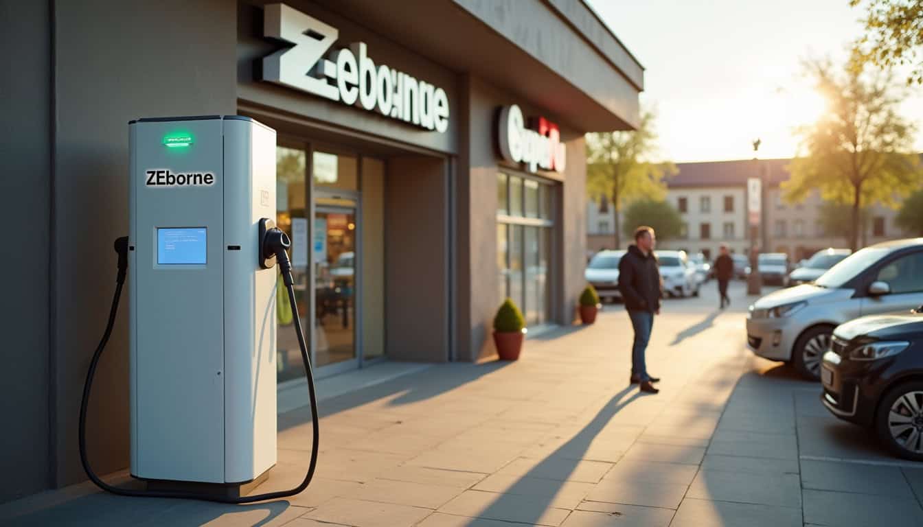 Borne de recharge publique de marque ZEborne située devant un SuperU à Saint-Vite