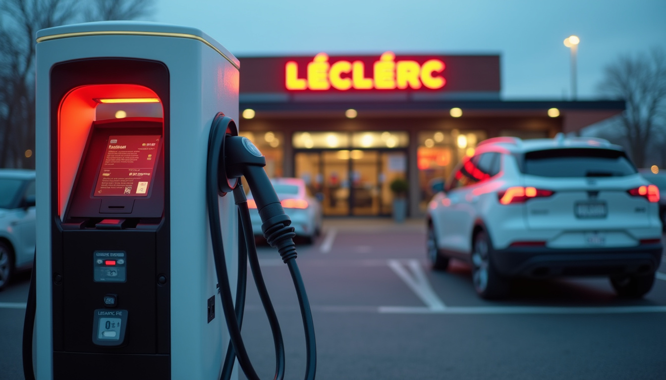 Borne de recharge publique devant un supermarché Leclerc à Saint-Joseph