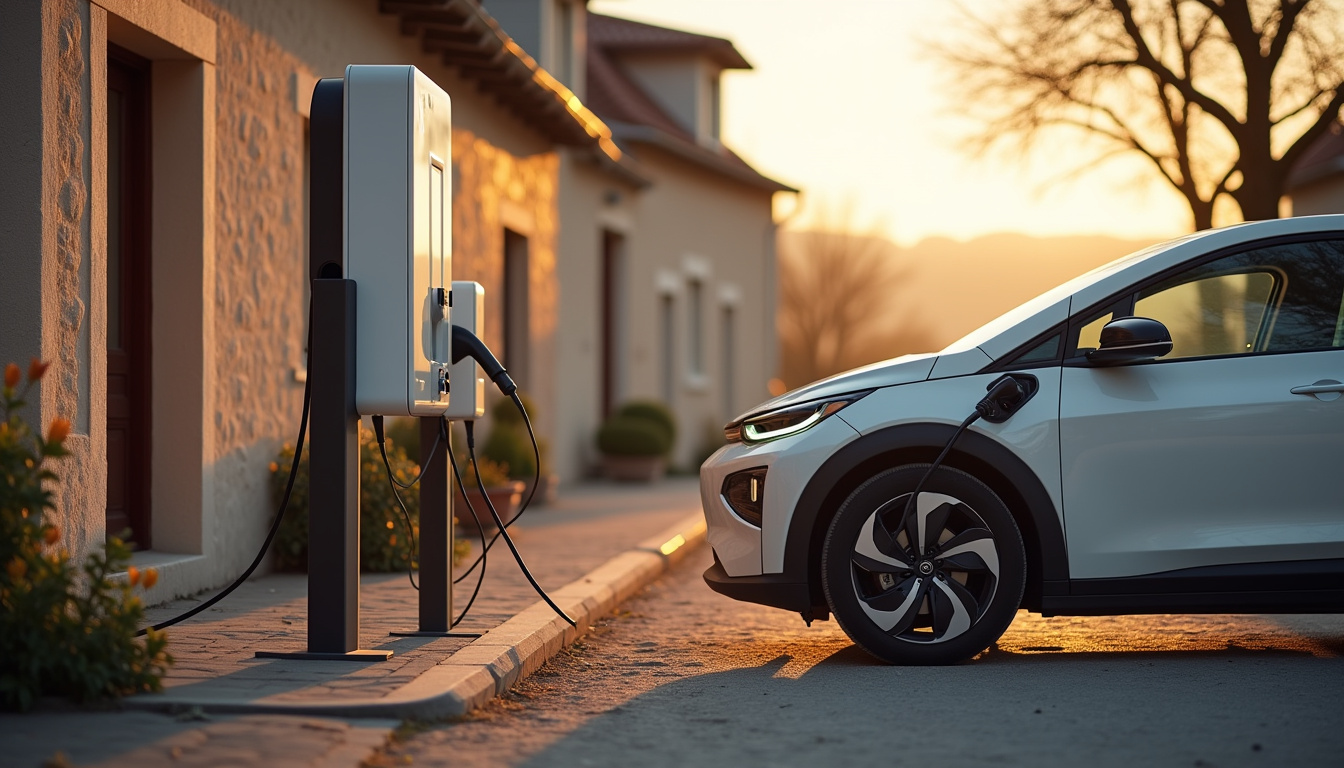 Borne de recharge publique eborn située au 65 Le Village à Saint-Hilaire-du-Rosier, avec un véhicule en charge