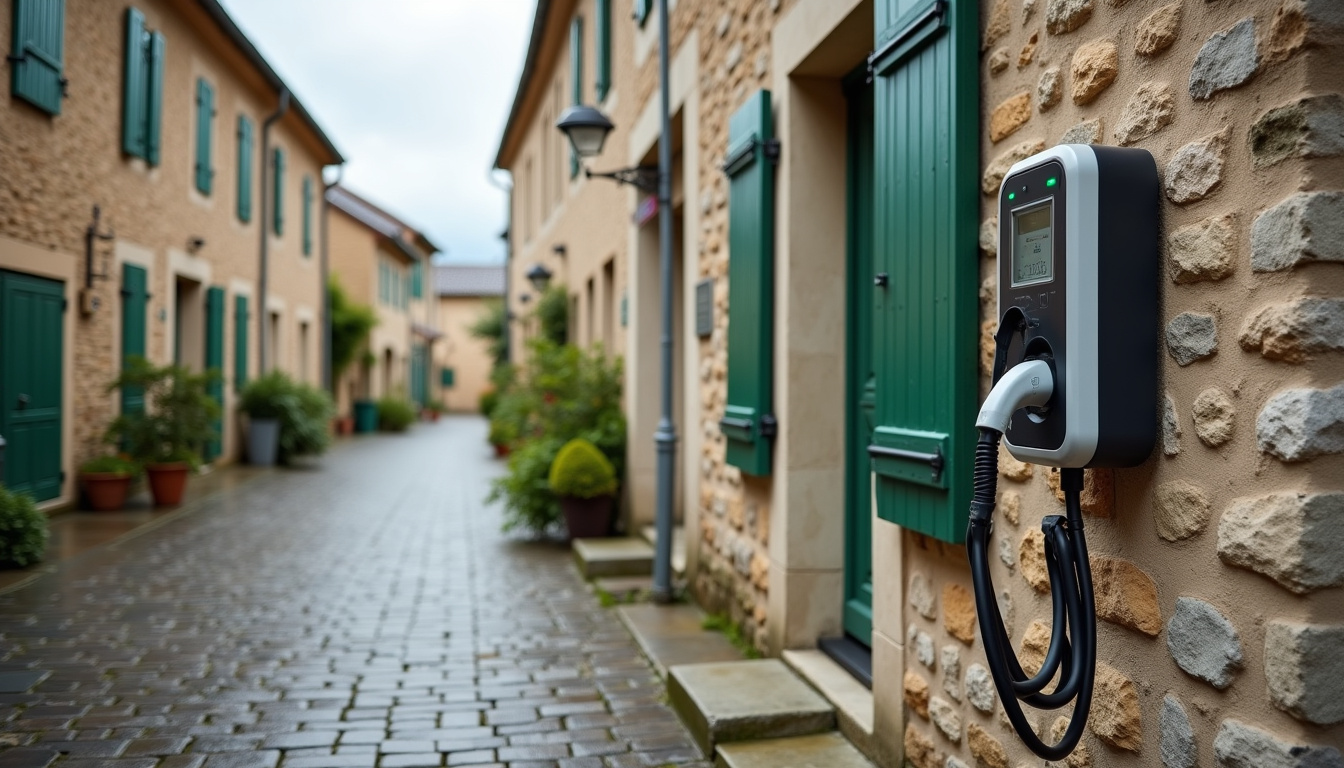 Borne de recharge publique en extérieur dans une rue de Saint-Rémy-en-Rollat