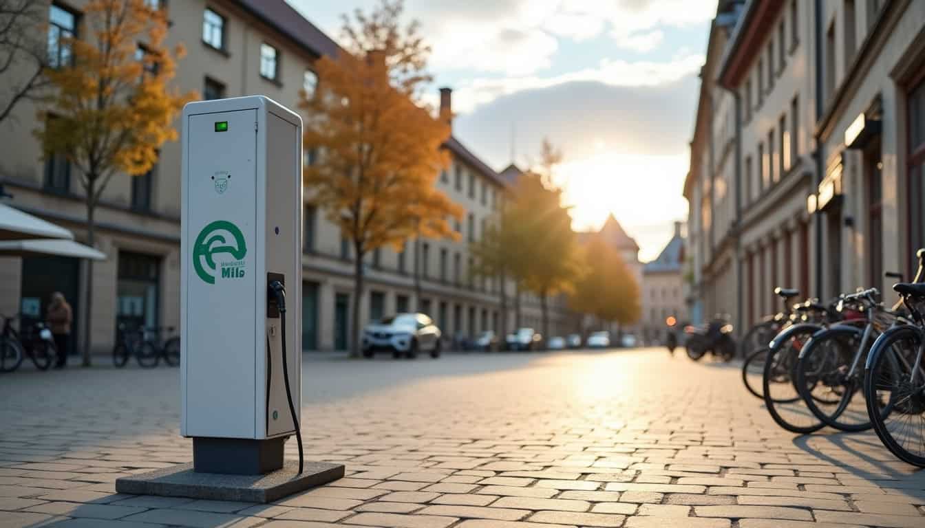 Borne de recharge publique en extérieur sur une place de ville à Conlie