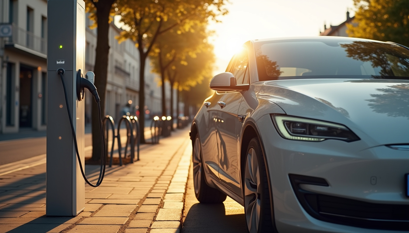 Borne de recharge publique en ville, à proximité de Bergerac, avec voiture électrique en charge