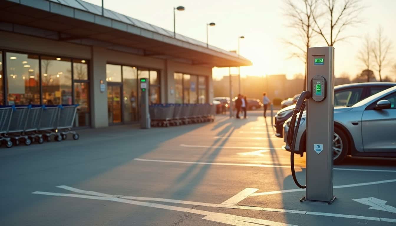 Borne de recharge publique installée à proximité d'un supermarché à Ploumagoar