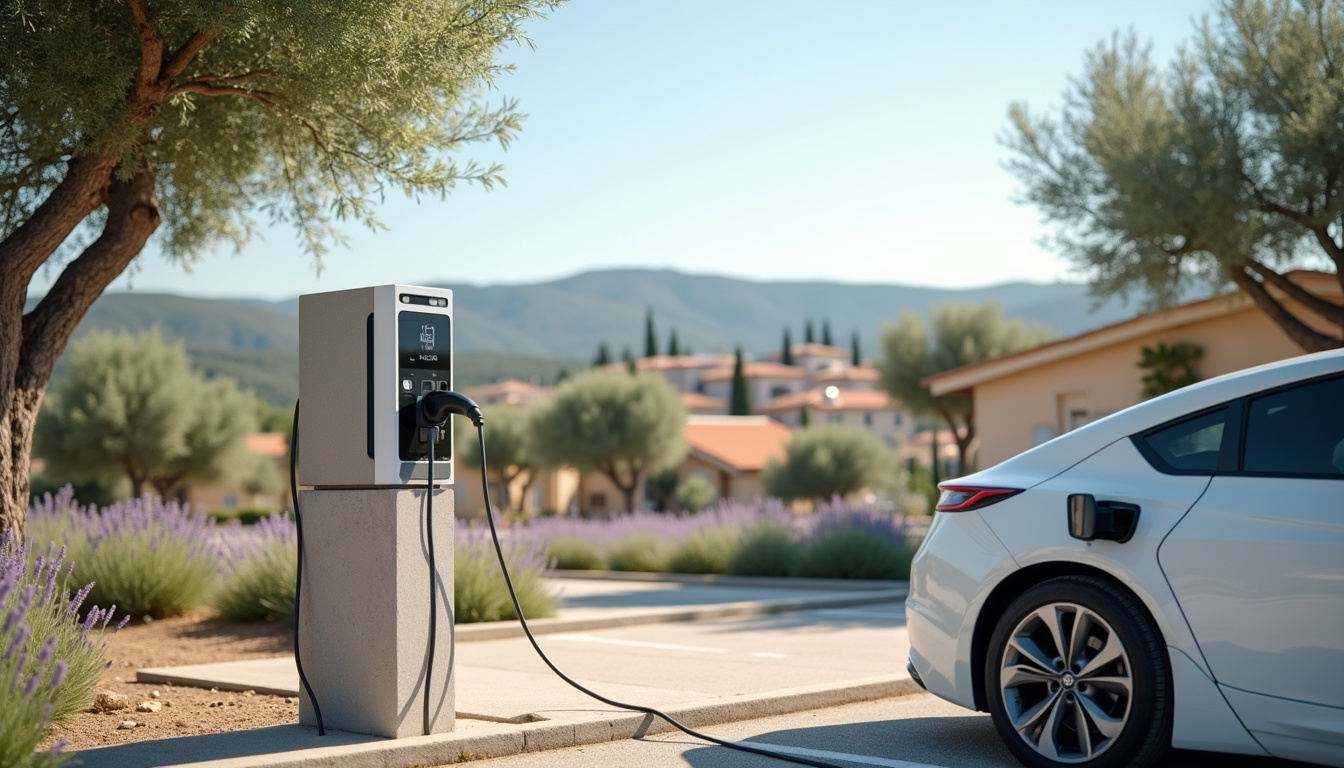 Borne de recharge publique installée dans un parking de Sainte-Anastasie-sur-Issole