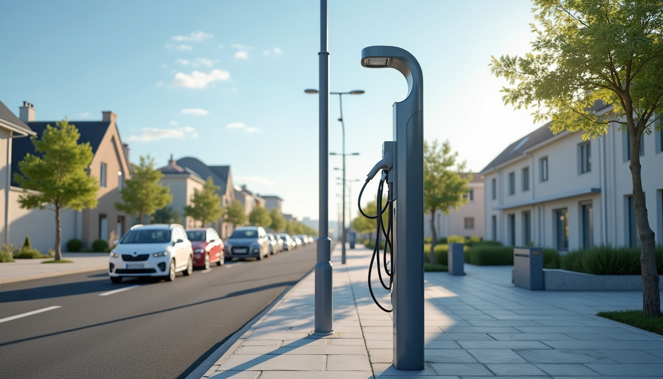 Borne de recharge publique installée dans une rue de Bénodet, près d'un parking municipal