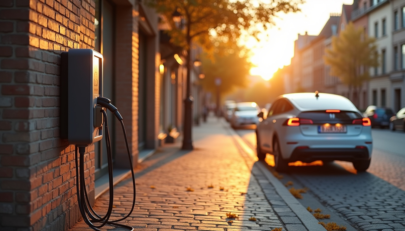 Borne de recharge publique installée dans une rue de La Francheville, avec un véhicule électrique en cours de recharge