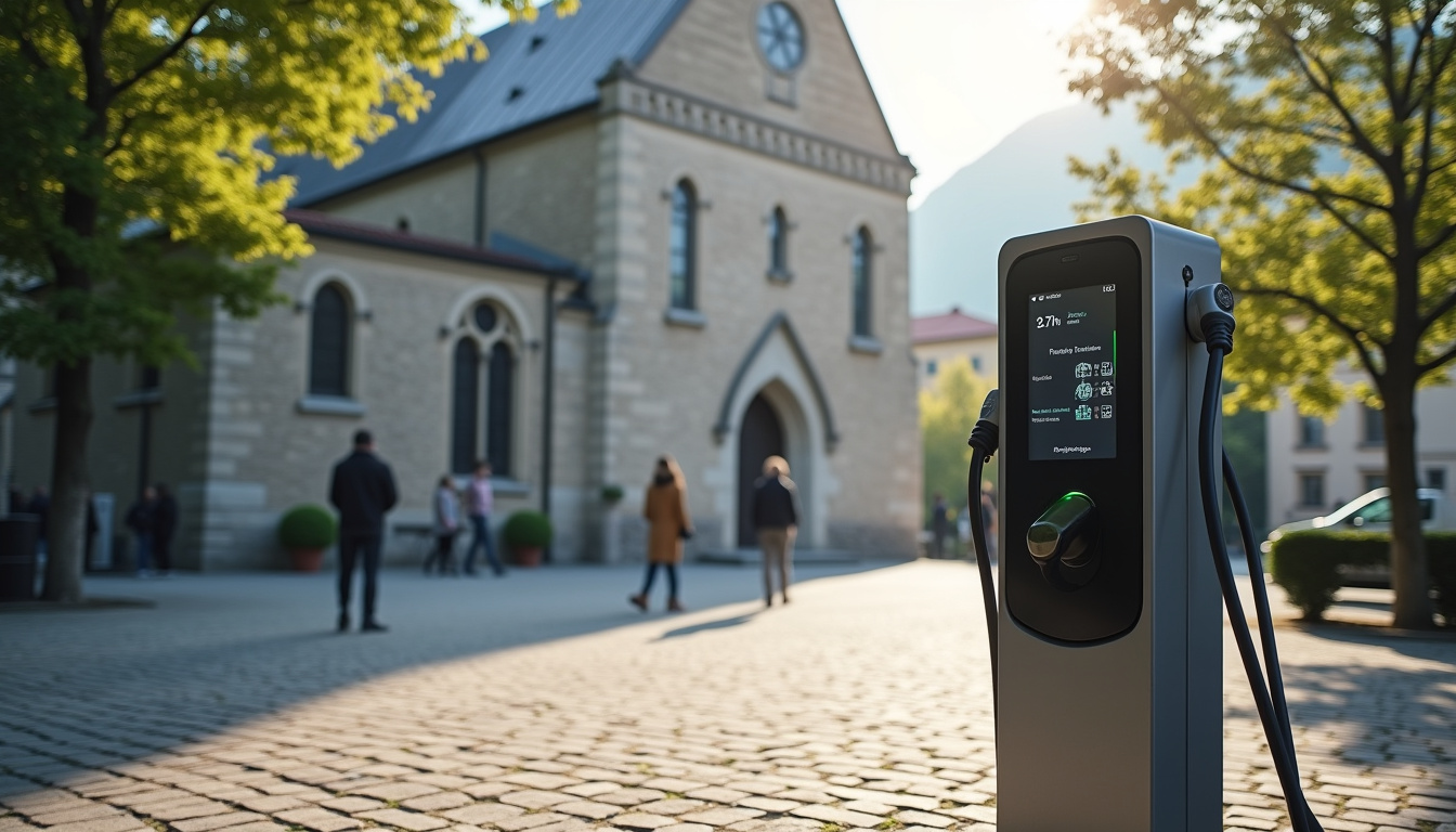 Borne de recharge publique installée devant l’église Saint Ours à Bernex
