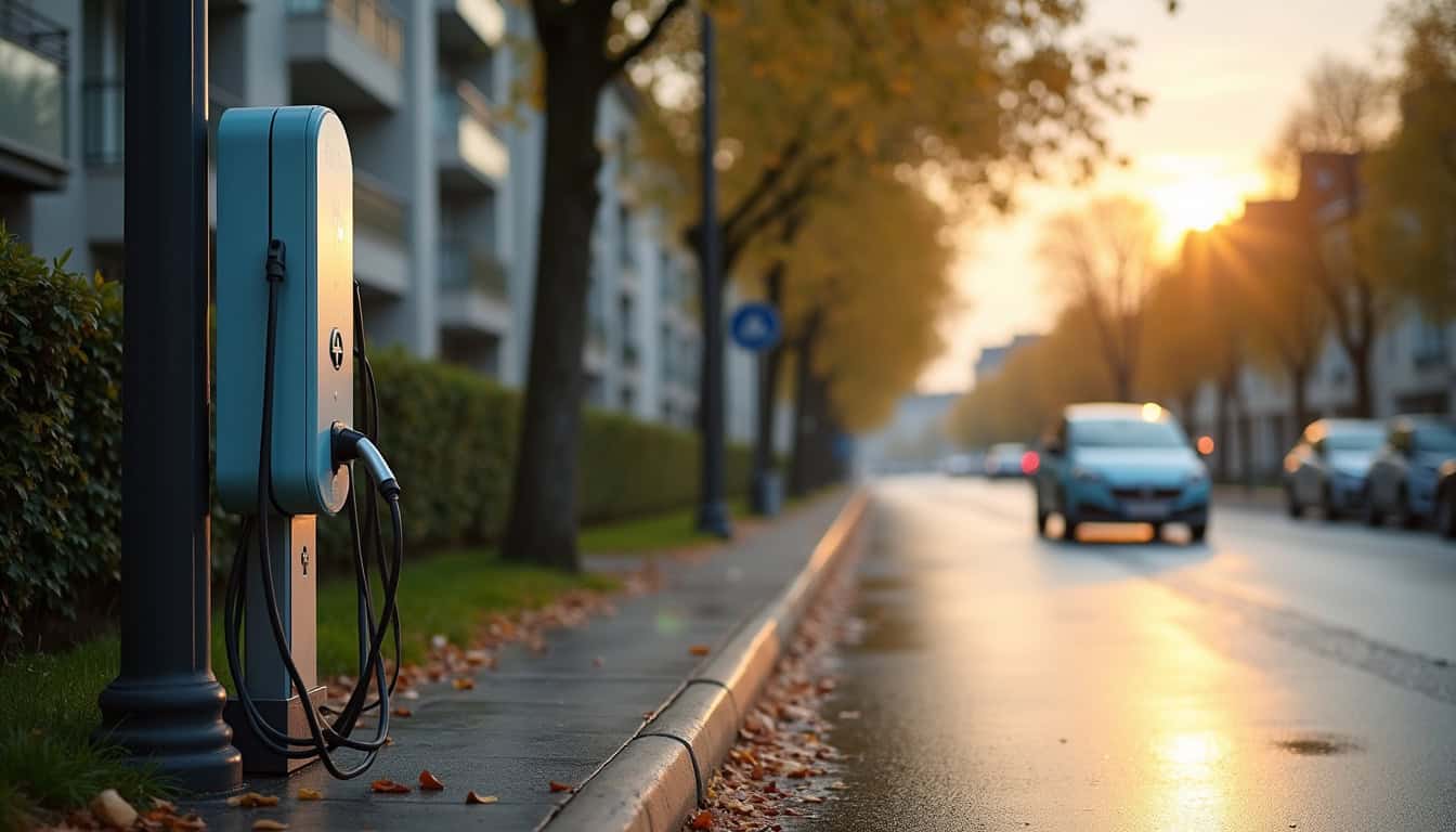 Borne de recharge publique installée en bord de rue à Meudon