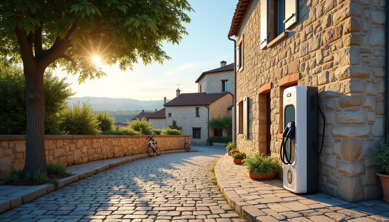 Borne de recharge publique installée en bordure de rue dans une petite ville